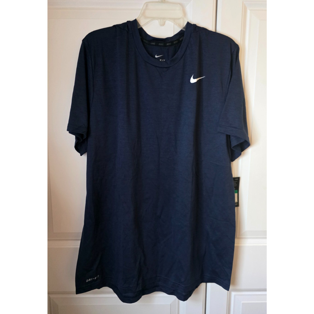 NEW NIKE Logo Navy Blue Short Sleeves Dri Fit Tea Shirt L $35 New